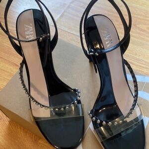 Zara Woman vinyl and rhinestone sandal heels size 8/39 us.pvc and black